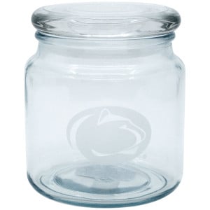 glass jar with etched Penn State Athletic Logo and glass lid
